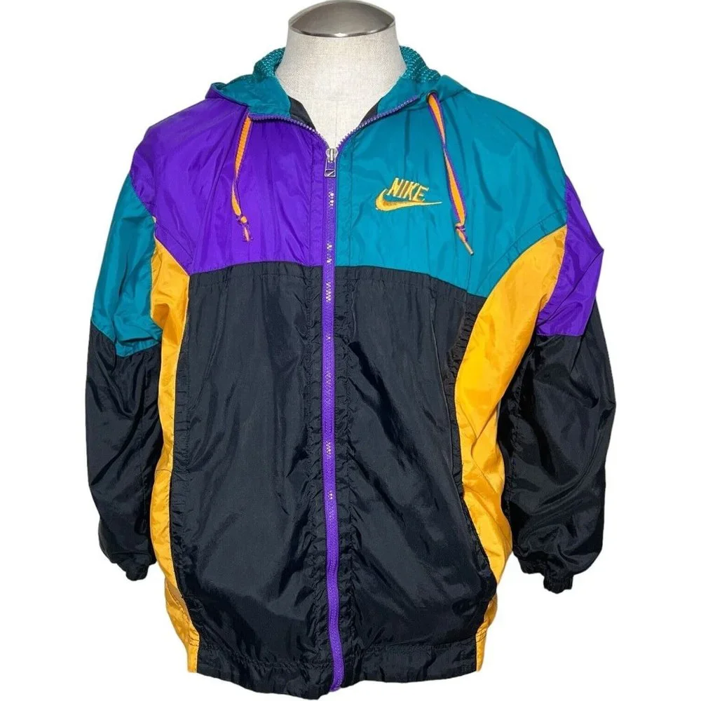 Nike Jacket Boys Large 14/16 Windbreaker Hoodie Color Block Zip Lined Hooded VTG